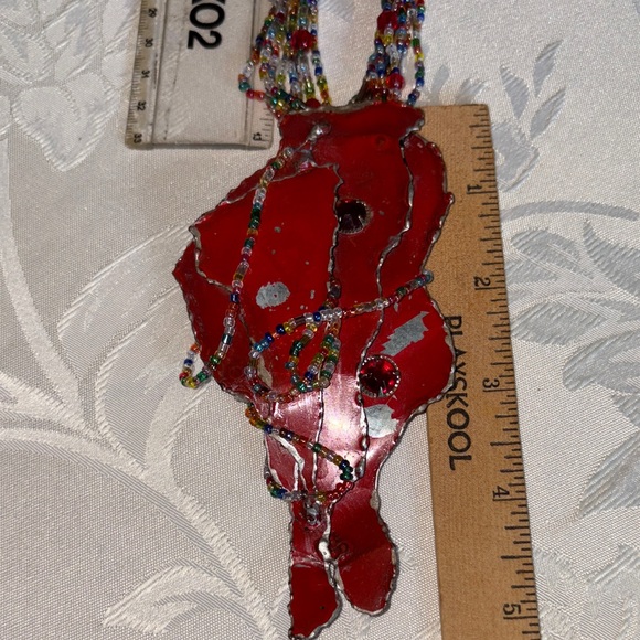 Handcrafted used multicolor Beaded Necklace w/lg. red metal hang dec. 8 strands - Picture 4 of 10